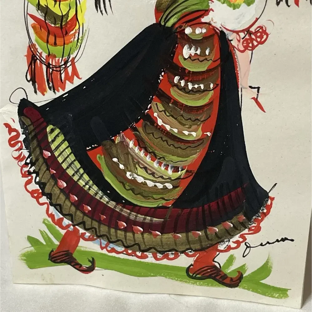 VTG Hand Painted Greeting Card w Envelope MidCentury Woman Folk Style Dress OOAK